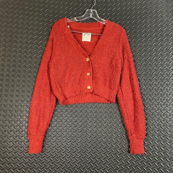 We The Free Red Orange Cropped Button Up Cardigan Knit Sweater Women's Small - Picture 1 of 10